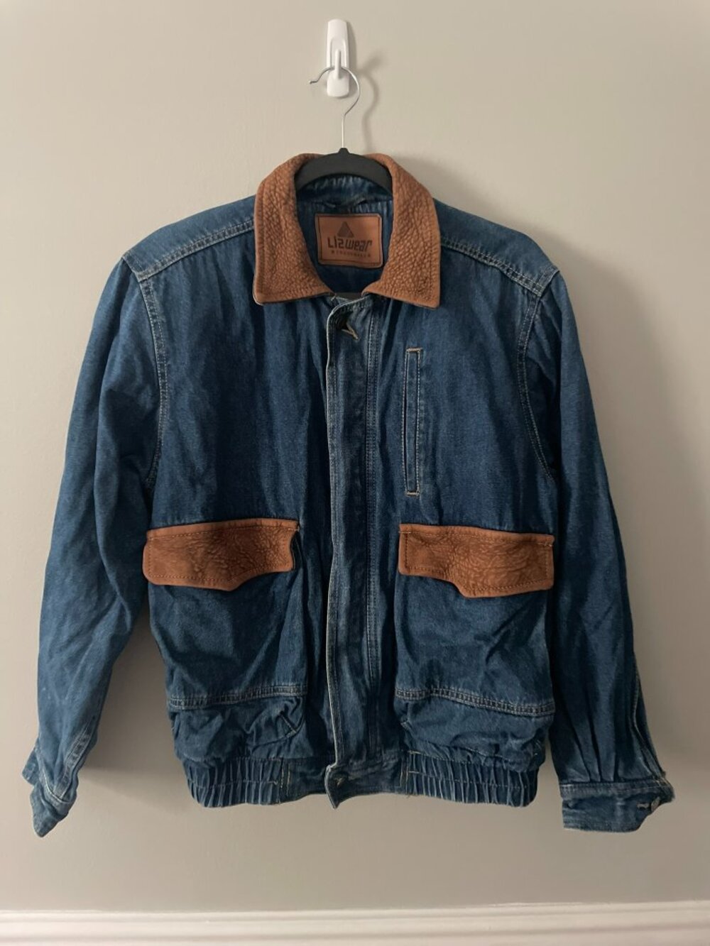 Vintage Jean Jacket Bomber Leather Slouchy Size Small Liz Claiborne Pockets